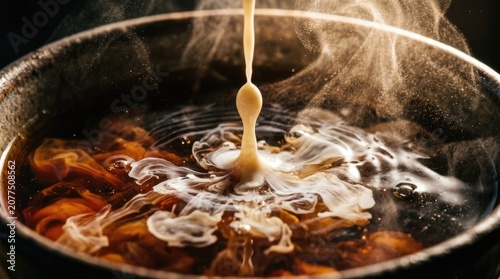 Close-up of creamy milk pouring into hot coffee, creating beautiful abstract swirls and rising steam, capturing the dynamic motion of mixing beverages.