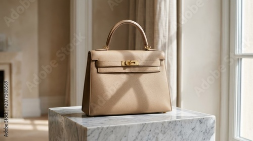 Elegant beige luxury designer handbag with gold hardware on a marble surface in natural light