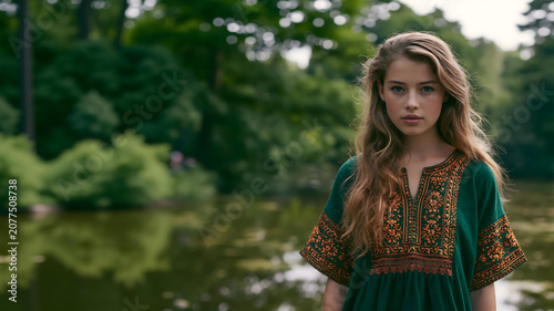 Beautiful young woman in green embroidered dress standing near lake in park