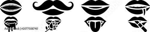 Photos Lips and mouth vector silhouette set with tongue, mustache, rose, lipstick, sexy