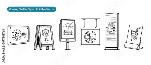 Obraz na płótnie Cooling center signs vector icons for heatwave relief and public safety shelters showing cooling station directions, cold drink, fan ventilation comfort, and outdoor temperature warning signages