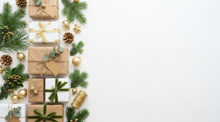 Festive Christmas gifts and decorations arranged on a white background