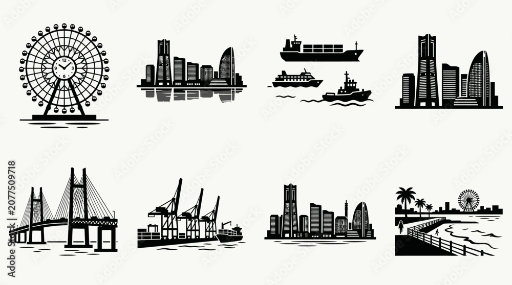 Obraz premium Yokohama landmarks vector illustration featuring Cosmo Clock 21 Ferris Wheel, Bay Bridge, Port Cranes, Waterfront Skyline, Harbor Ships, and Seaside view representing Japanese architecture and travel 