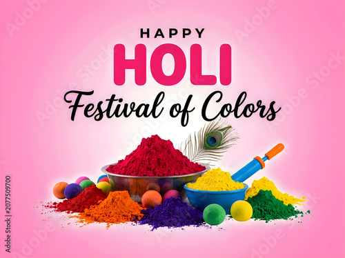 Happy holi festival of colors greeting card with vibrant gulal powders