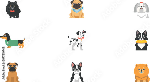 Obraz na płótnie PrintCute Cartoon Dog Breeds Character Set Featuring Pomeranian Pug Shih Tzu Dac