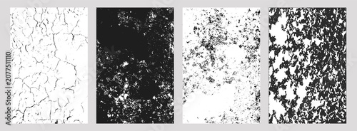 Set of four black-and-white abstract textures cracked earth, corroded surface, weathered concrete, and camouflage pattern, ideal for design, backgrounds
