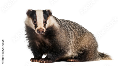 Foto European Badger with distinctive black and white striped face