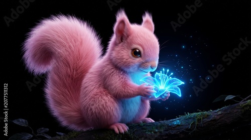 Cute Fluffy Pink Squirrel Character Holding Bioluminescent Glowing Blue Flower on Branch