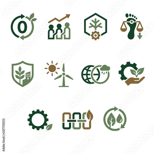 Vector icon collection representing sustainable development, environmental protection, green energy, responsible growth, and corporate social responsibility for a eco-conscious future