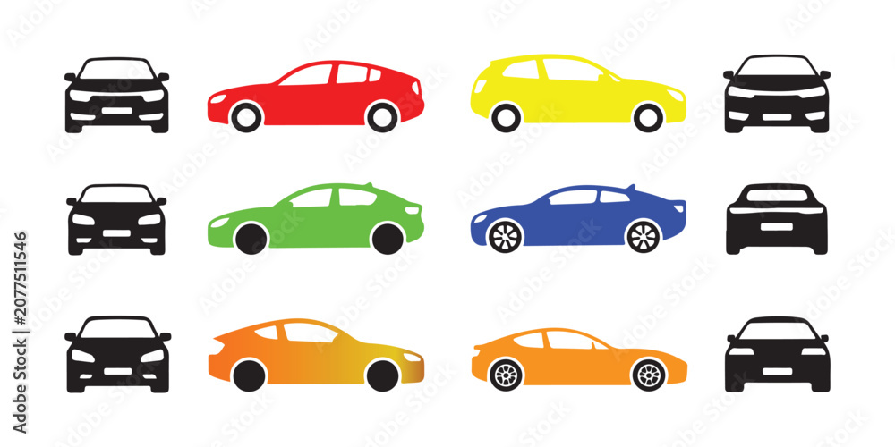 Fototapeta premium Compilation of modern car icons and illustrations for transport graphics.