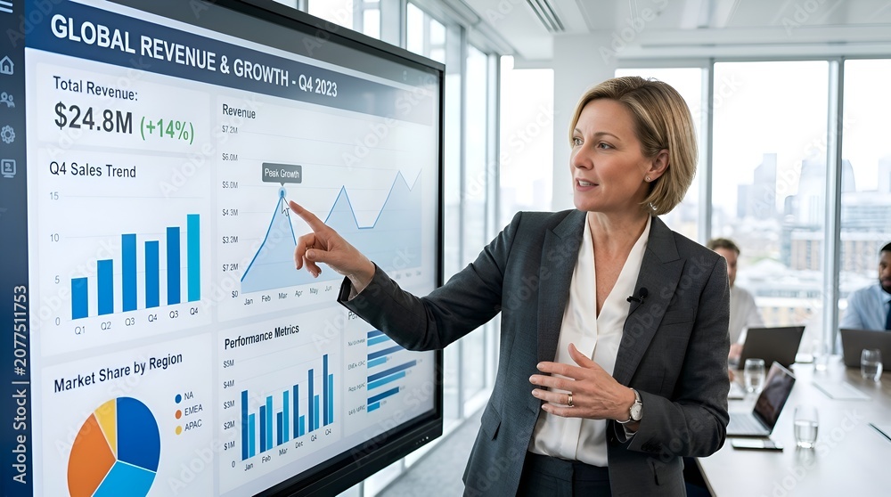 Fototapeta premium Businesswoman Presenting Financial Data on a Large Screen in a Modern Office