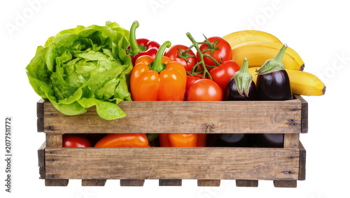 Quadro su tela Wooden crate filled with fresh vegetables and fruits