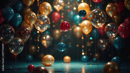 Colorful party balloons with bokeh lights floating in a festive celebration setting.