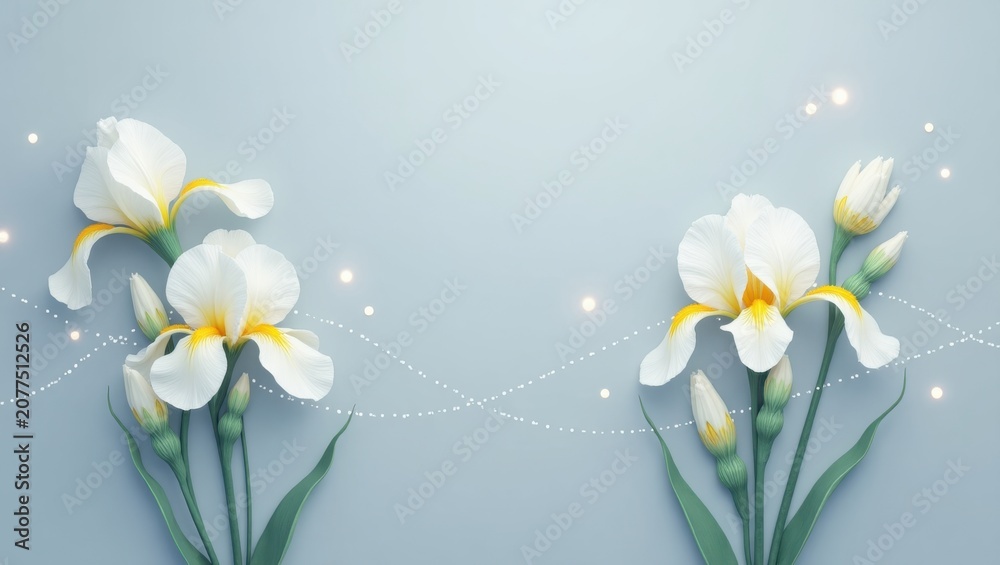 Obraz premium Close up of light blue and white irises with yellow centers on soft pastel background