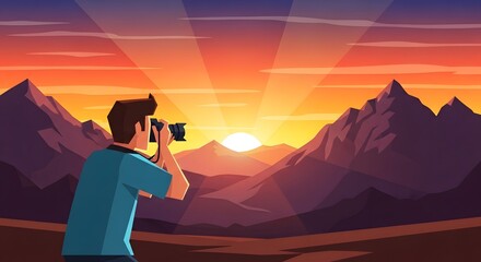 Crédence de cuisine Bordeaux Cartoon illustrator photographer taking pictures of a mountain landscape at sunset with photographer photography landscape mountain adventure outdoors  © ANJUMAAKTHER