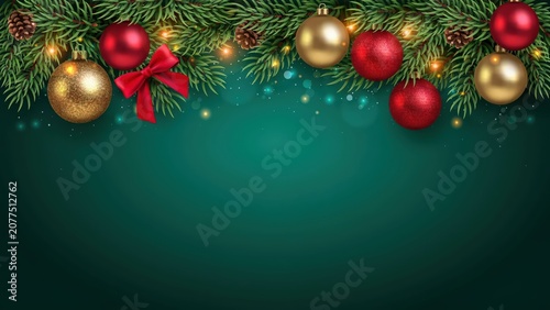 Christmas border with pine branch and red gold bauble on green background