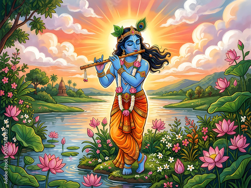 Lord krishna playing the flute amidst a serene lotus pond at sunrise
