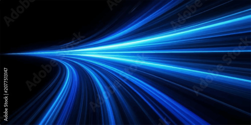 Fotografie Dynamic blue light streaks curve and converge into the distance, creating an abstract visual representation of speed and high technology