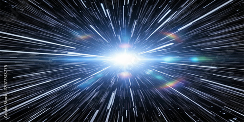 Konstfotografi A brilliant burst of light radiates outward, creating streaks of light that convey a sense of rapid motion and intense energy, hinting at the vastness of space or a breakthrough concept