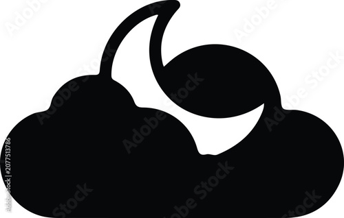 Nighttime cloud moon icon, partly cloudy night symbol, weather forecast illustration, minimal vector design, meteorology concept, digital interface graphic