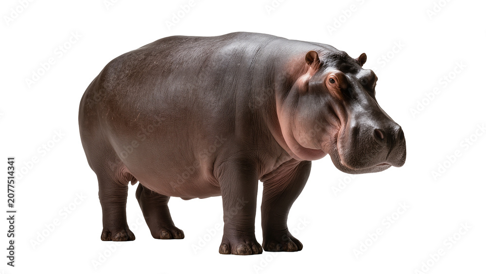 Fototapeta premium Large hippopotamus standing on white, full body view