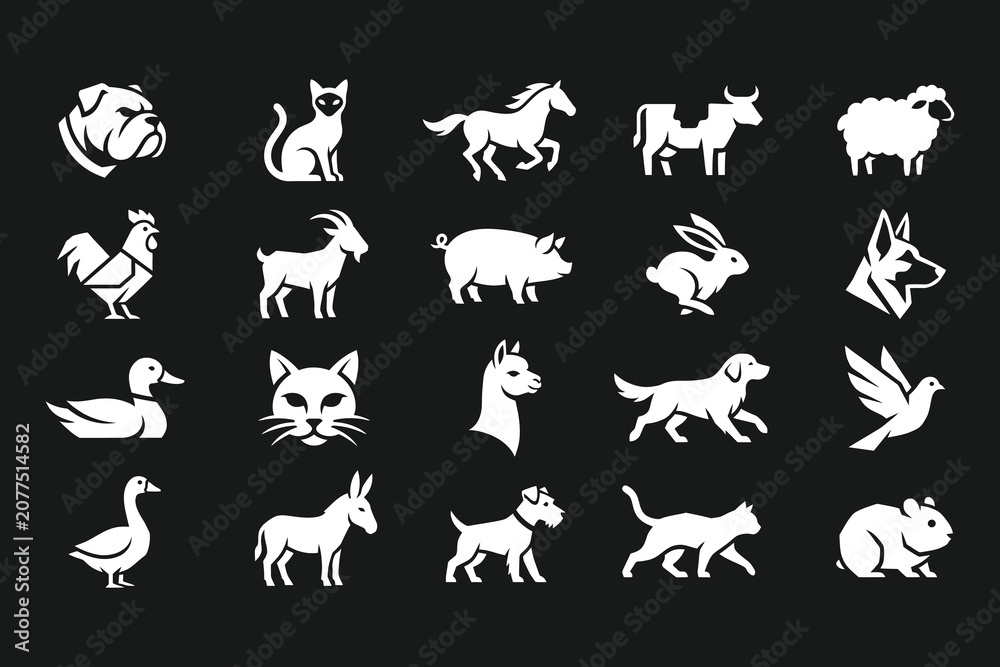 Obraz premium Minimalist Animal Icon Collection - White Vector Logo Set