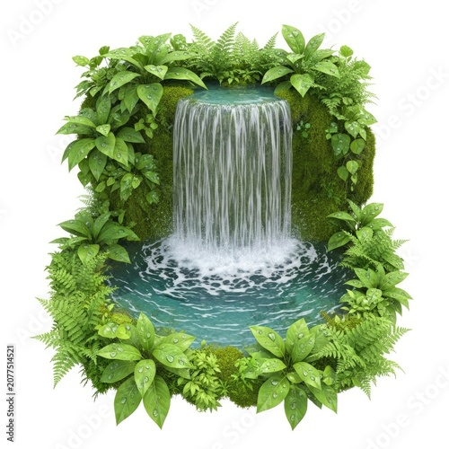 Lush Green Tropical Waterfall with Clear Blue Water and Vibrant Foliage.