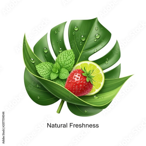 Vibrant Natural Freshness - Strawberry, Lime, and Mint on Lush Green Leaves.
