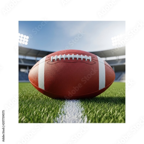 American Football Ball on Green Grass Field in Stadium.