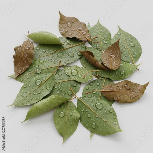 Close-up of fresh green and brown leaves with water droplets on a white background.