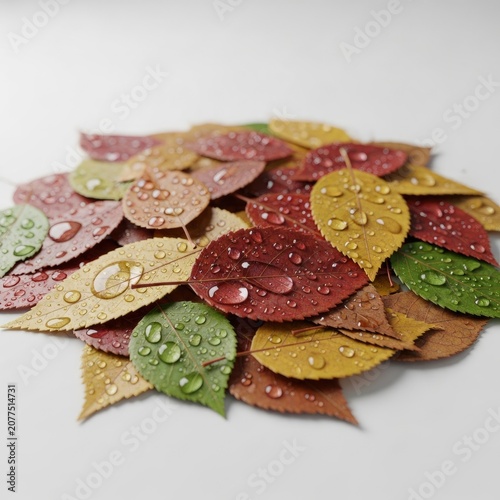 Pile of Colorful Autumn Leaves with Water Droplets on White Background.