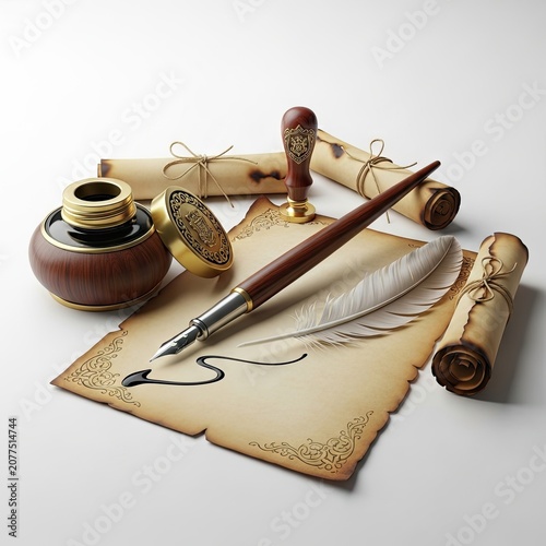 Vintage Writing Set with Quill Pen Inkwell and Parchment Scrolls.
