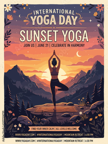 Cuadro en lienzo People practice yoga on mountain peak at serene sunset