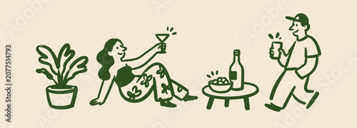 Canvastavla Couple Drinking Cocktails Doodle Vector Illustration