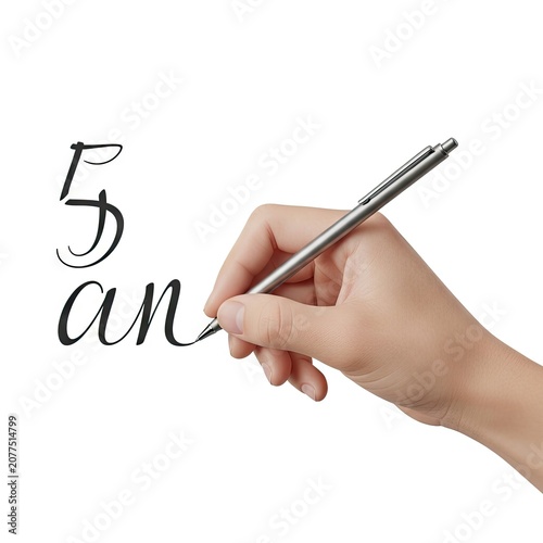 Hand writing the word an with a pen on a white background.