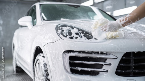 Car wash: detailed cleaning of white vehicle with foamy soap in modern garage
