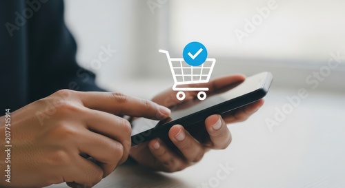Online shopping via smartphone with verified purchase icon