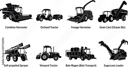 Photos Agricultural machinery and farm vehicles black silhouettes set with text labels