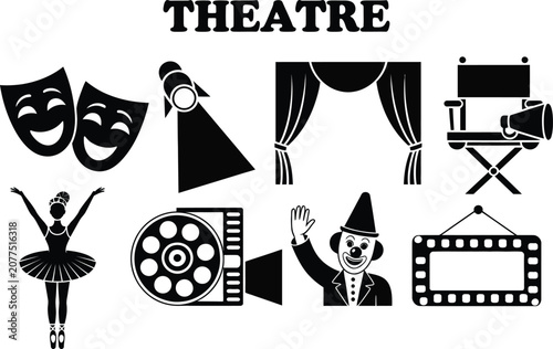 Foto Theatrical performance icons with comedy tragedy masks and stage lighting set