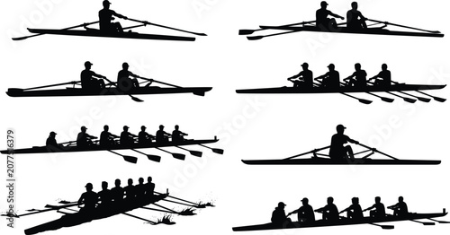 Εκτύπωση καμβά Black silhouettes of rowing crew athletes in boats racing and training on white