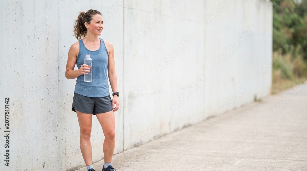 Fototapeta premium Young woman smiling while holding water bottle against wall outdoors 
