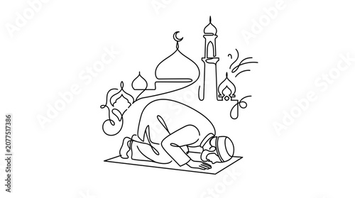 Foto Muslim Man Praying, Continuous Line Art, Islamic Mosque Architecture