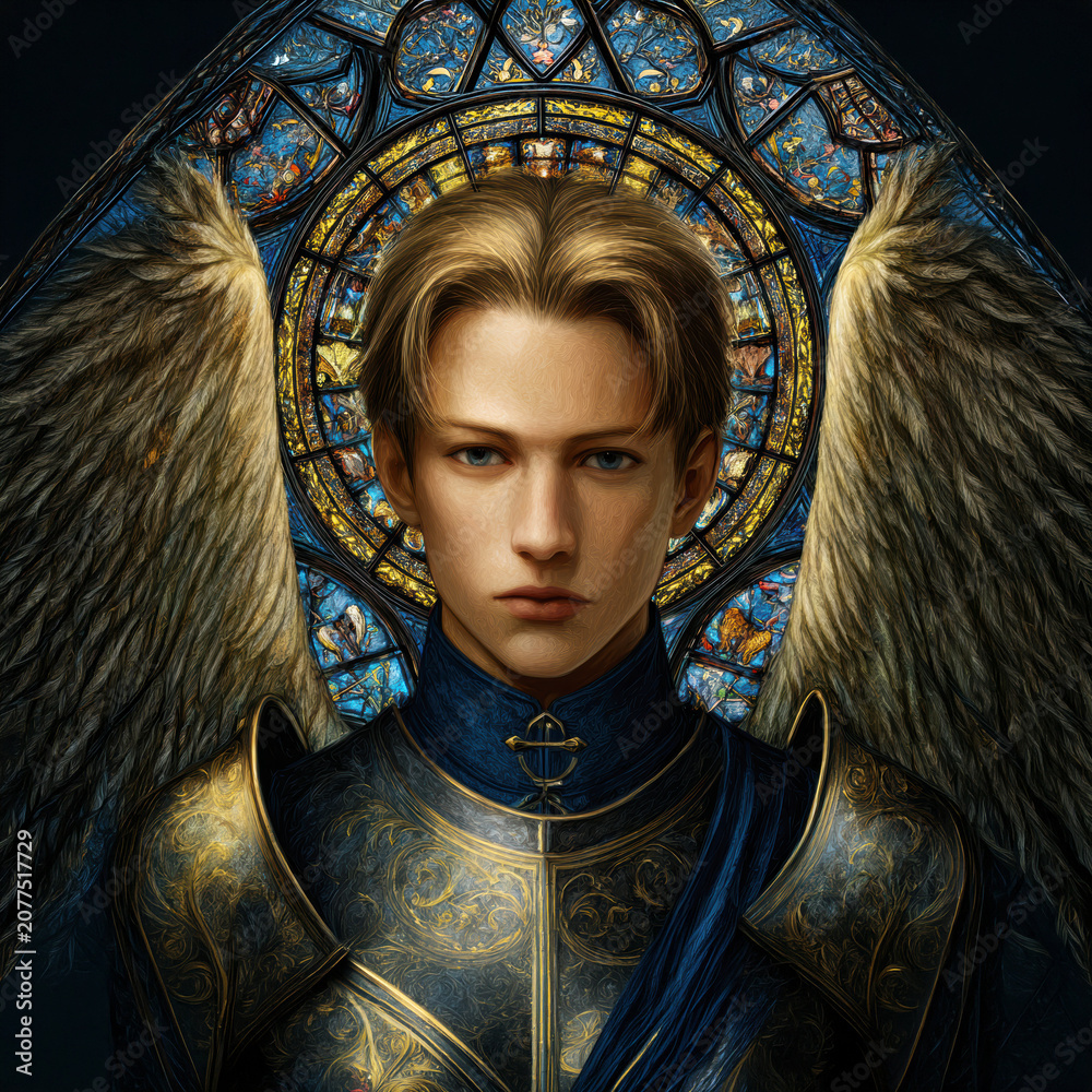 Obraz premium Majestic Archangel Warrior with Golden Wings and Stained Glass Background. AI generative.