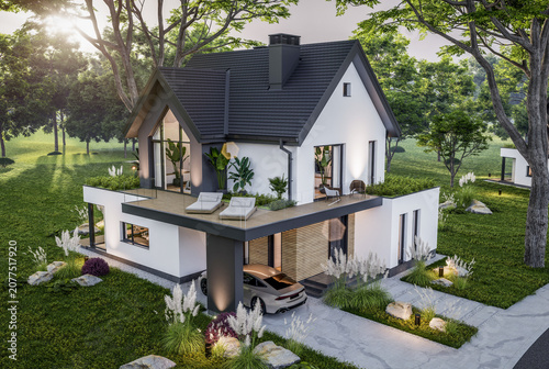 3d rendering of contemporary architectural luxury house exterior. Modern Scandinavian style family home with a white plaster walls, dark roof, and beautiful garden at golden hour
