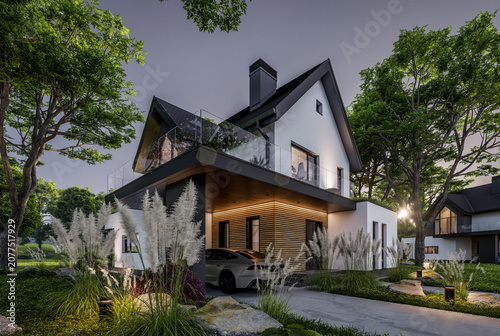 3d rendering of contemporary architectural luxury house exterior. Modern Scandinavian style family home with a white plaster walls, dark roof, and beautiful garden at golden hour