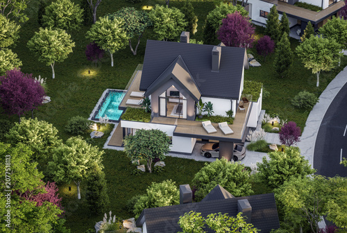 3d rendering of contemporary architectural luxury house exterior. Modern Scandinavian style family home with a white plaster walls, dark roof, and beautiful garden at golden hour