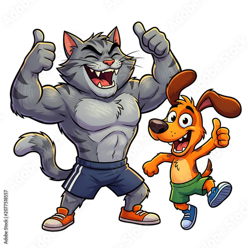 Cartoon cat fighting with rabbit in grassy field isolated on white background
