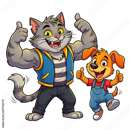 Cartoon cats and dog playing together cheerfully isolated on white background