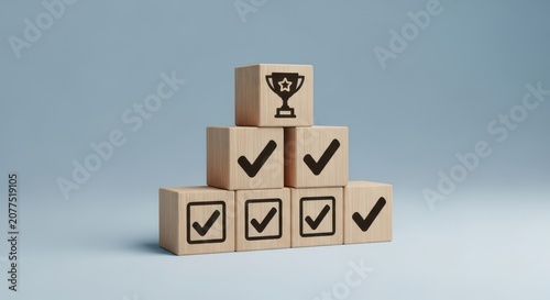 Wooden blocks with check marks and trophy icon illustration
