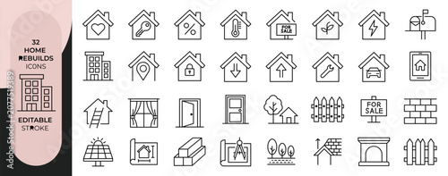 Foto Home Rebuild and Renovation Outline Icon Set Editable Stroke